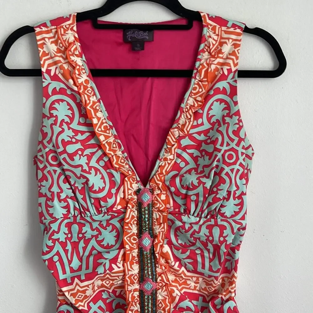 Hale Bob ruched printed ruffle front beaded sleeveless tank dress sz S - Picture 2 of 7